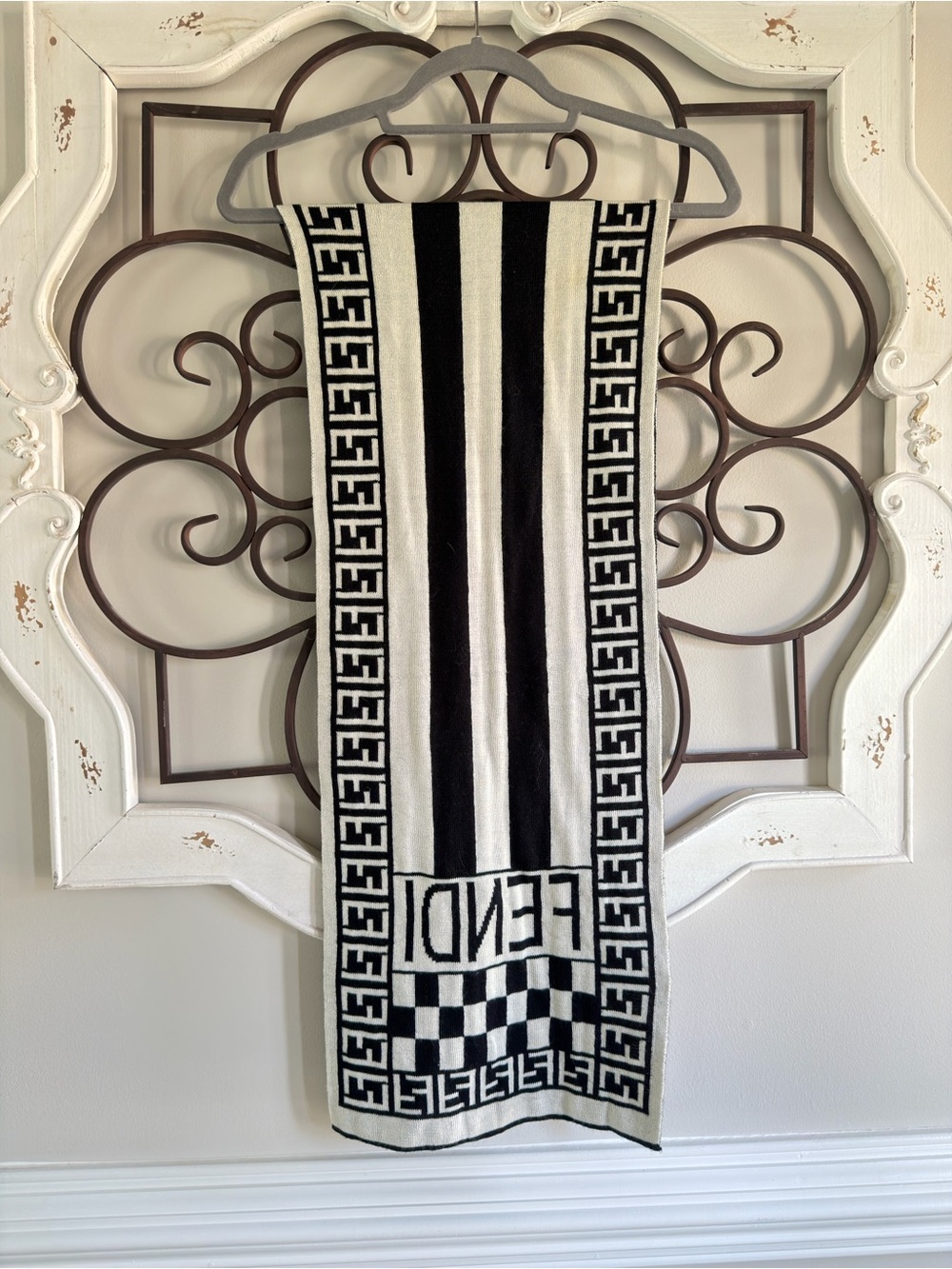 Fendi Black and White Striped FF Logo Scarf